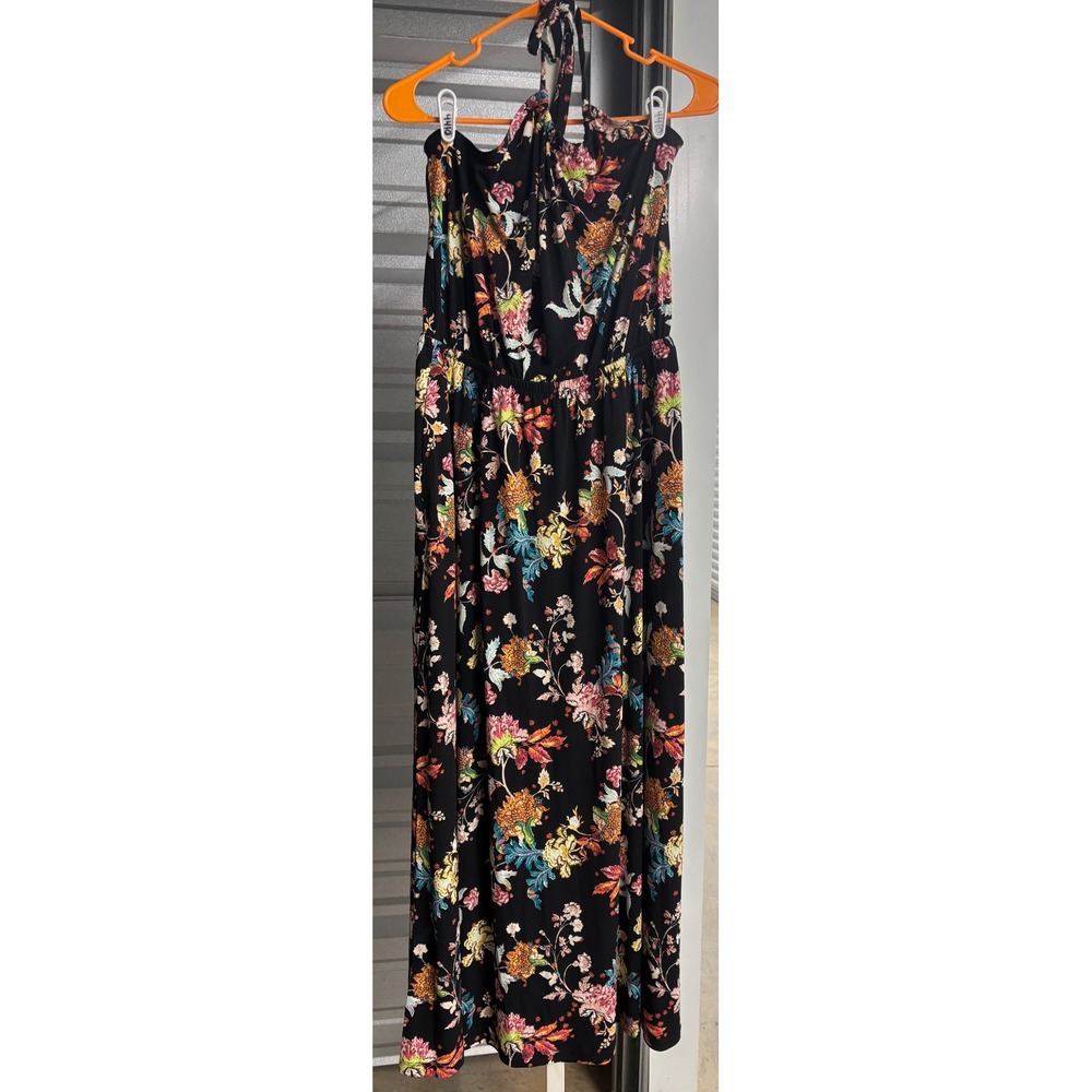 Lane Bryant Floral Halter Maxi Dress Black Multi Color Stretch Jersey 10/12